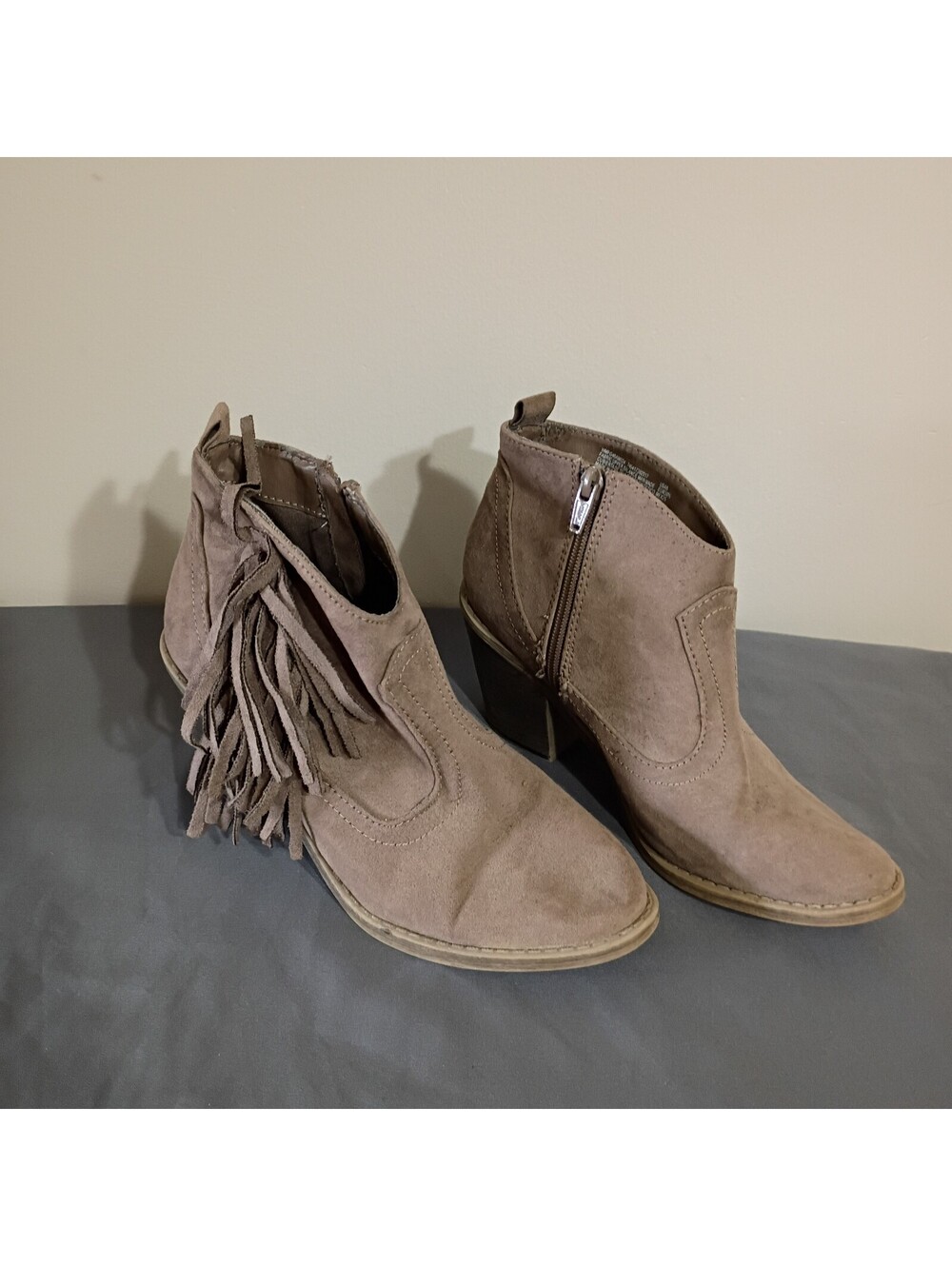 Taupe Suede Ankle Boots with Fringe and Side Zip